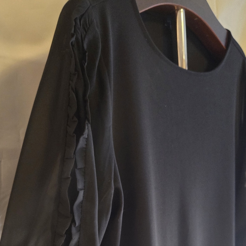 “Office Chic Black Blouse ✨ Ann Taylor Factory Ruffle Sleeve Sheer Top L”